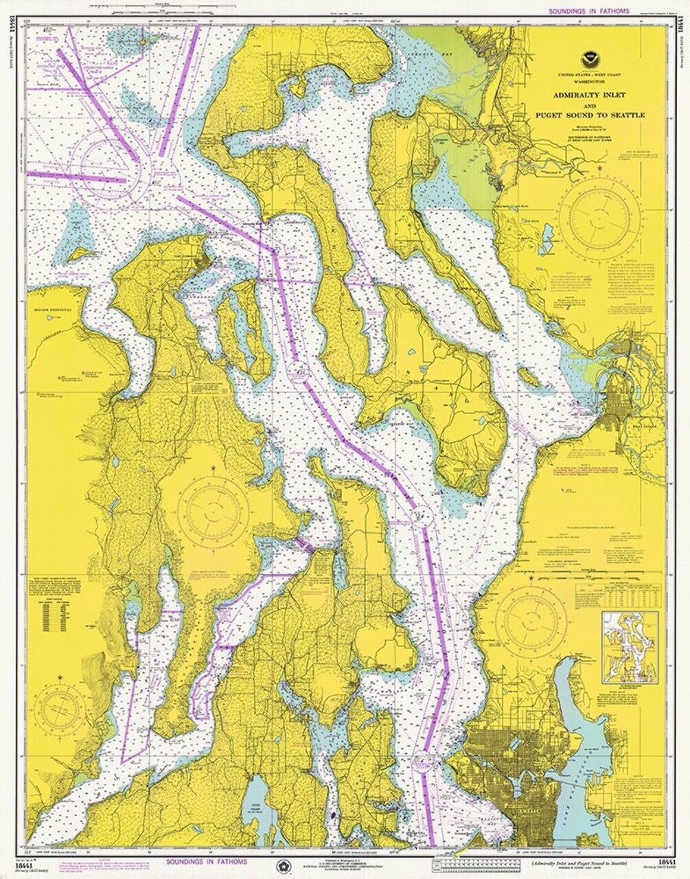 Nautical Chart - Admiralty Inlet and Puget Sound to Seattle ca. 1975 Poster Print by NOAA Historical Map and Chart Collection NOAA Historical Map and Chart Collection - Item # VARPDX450528